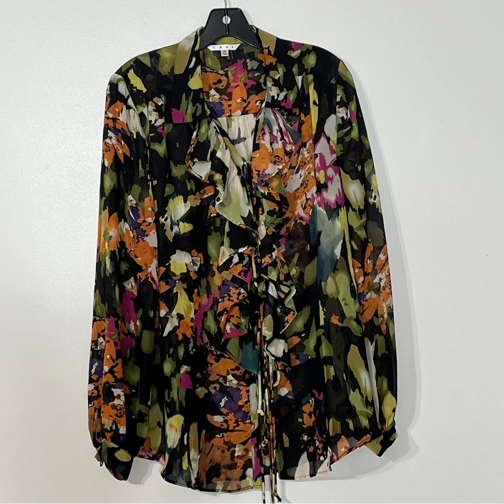 CABI Multicolor Floral Cascade Ruffle Tie Front Semi Sheer Blouse Shirt